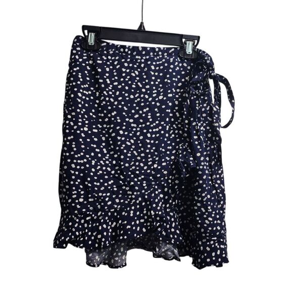 J.Crew Mercantile Navy Polka Dot Wrap Skirt Ruffle Hem Summer‎ Midi Size S - Picture 1 of 8